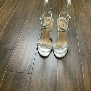 Stuart Weitzman Silver Glitter Open Toe Ankle Strap Stiletto Heels Size 10.5